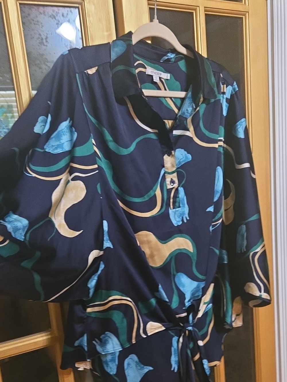 Chico's Navy Printed Tunic with Teal, Green and Cream Flower Scrolls